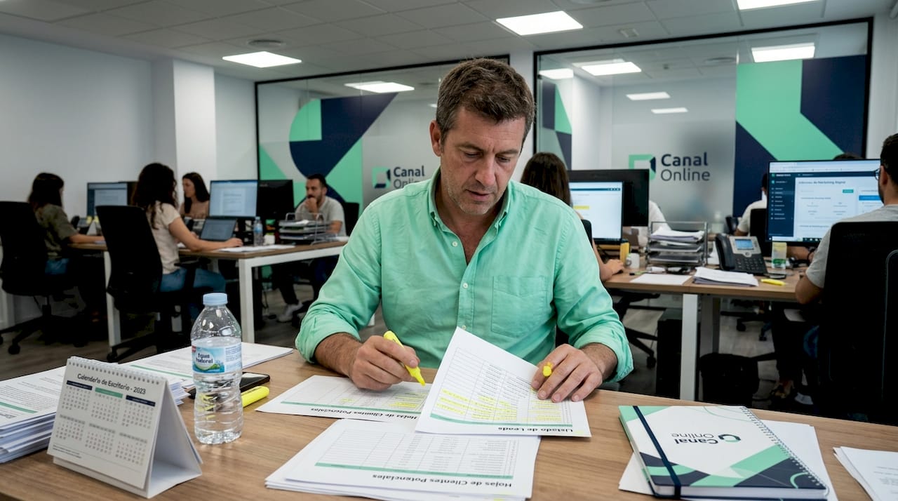 El gerente revisa y depura el embudo de ventas trabajando con las hojas de prospectos.