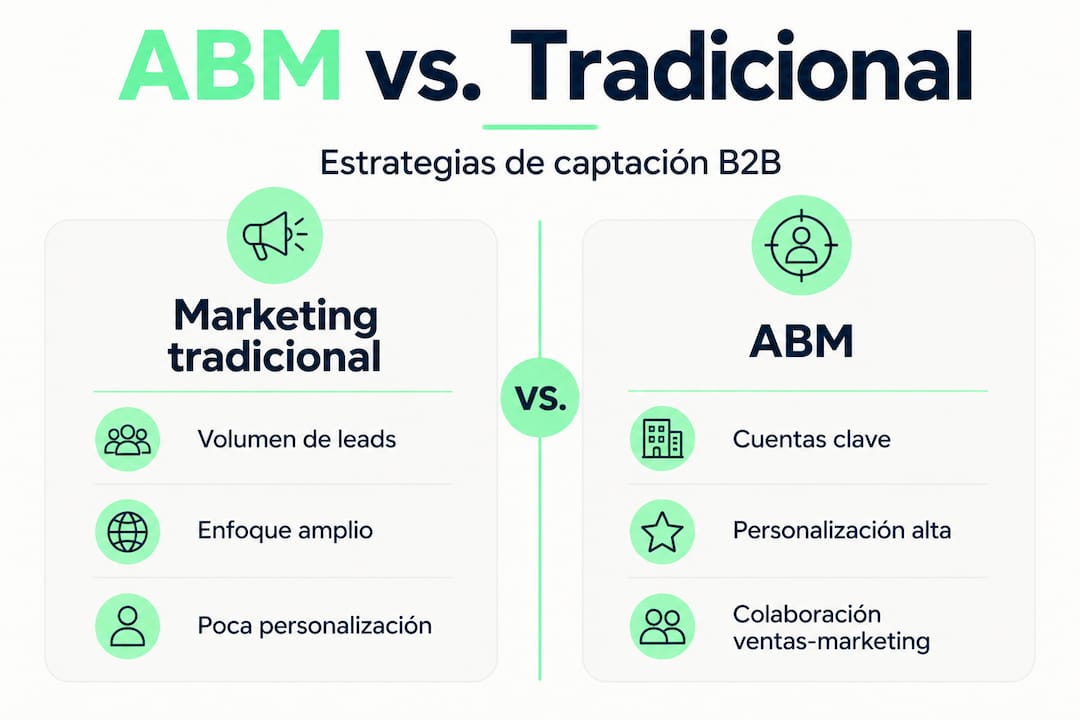 Infografía que muestra las diferencias entre el marketing tradicional y el marketing basado en cuentas (ABM)