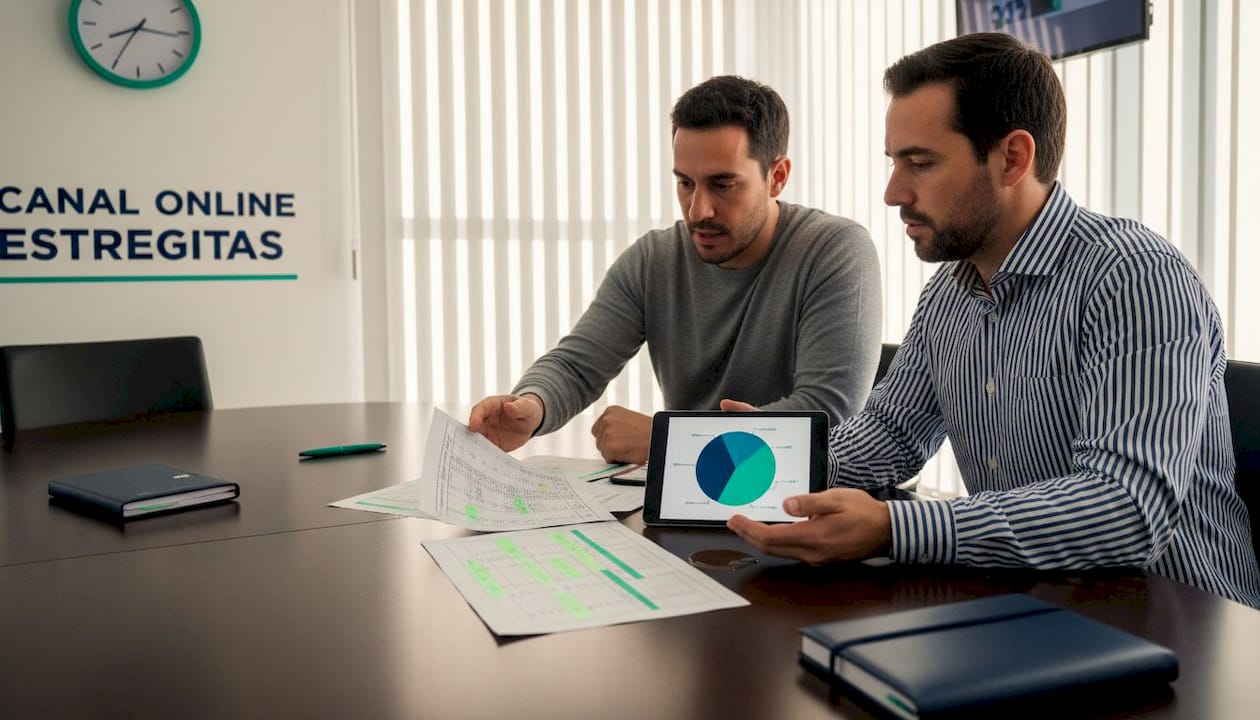 Dos ejecutivos analizan la estrategia de ABM en una mesa de reuniones.