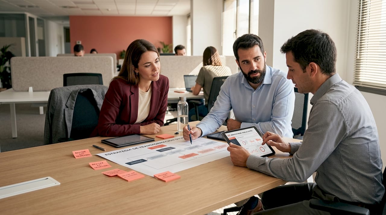 Equipo trabajando en conjunto para definir la estrategia digital