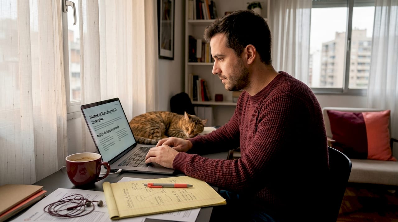 Hombre analizando datos de marketing con ayuda de inteligencia artificial desde su escritorio.