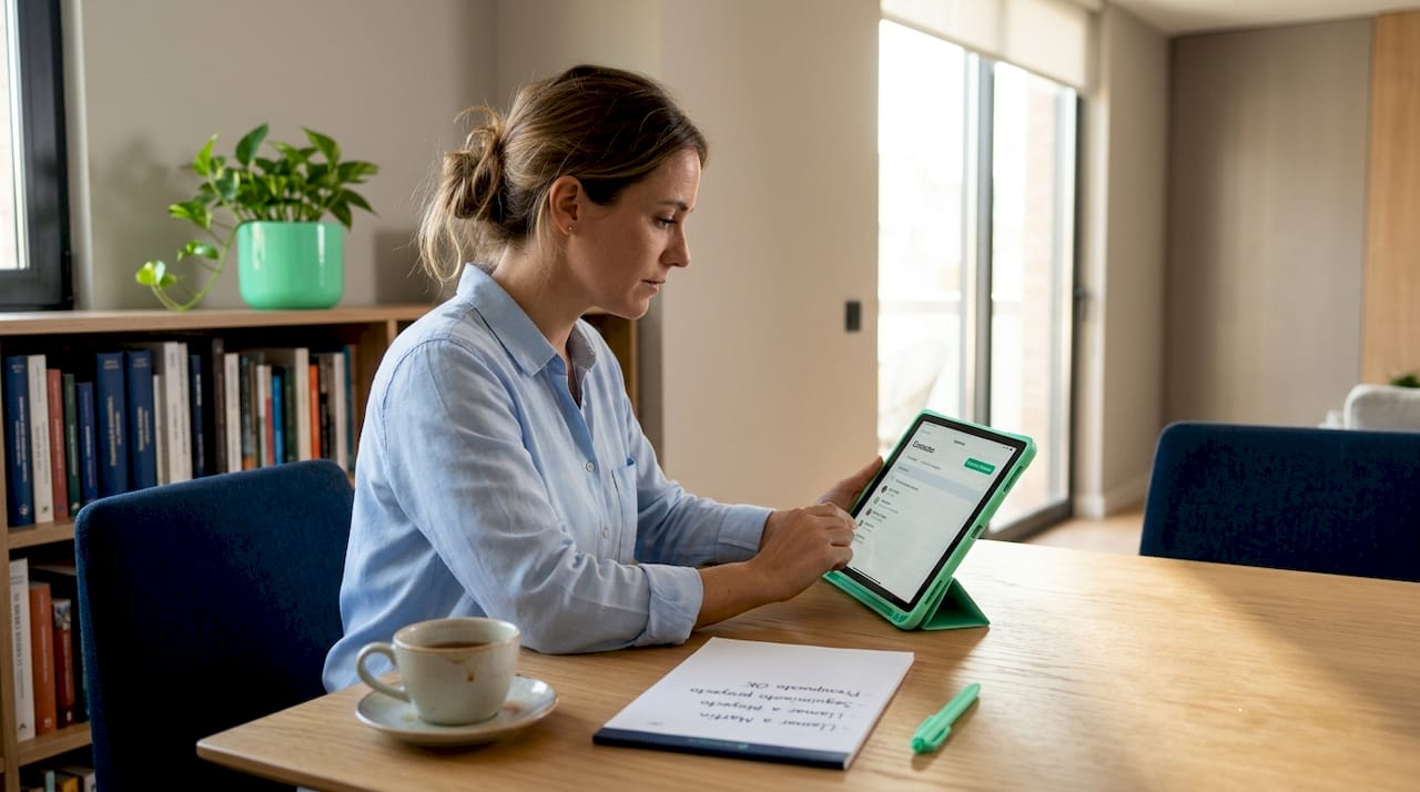 Mujer organizando contactos de posibles clientes desde su tablet