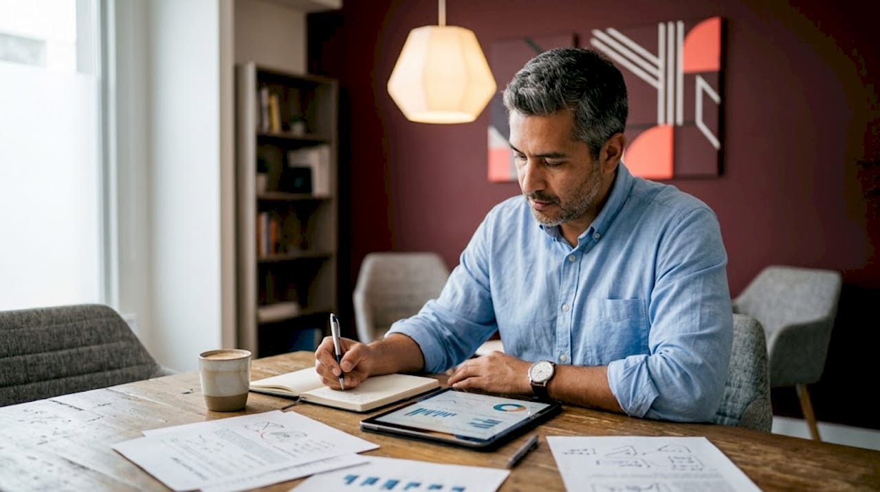 El empresario revisa los indicadores clave durante la reunión.