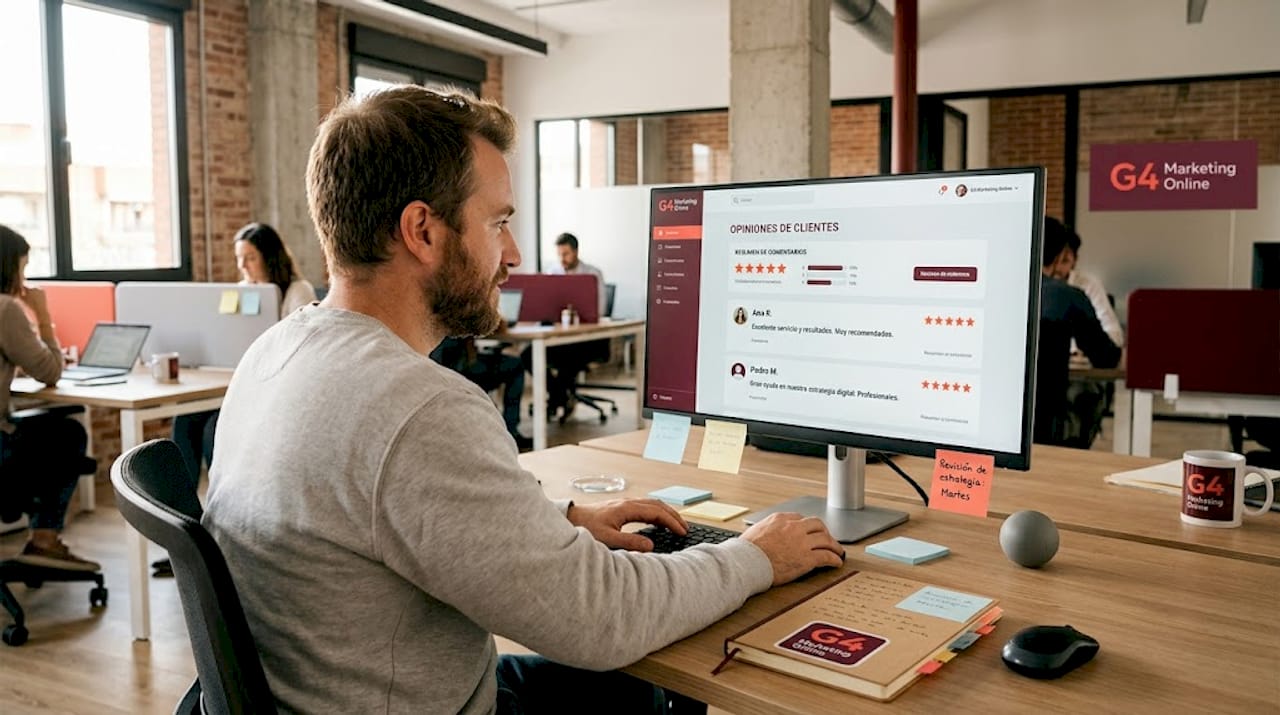 Persona revisando opiniones de clientes sentada frente a su escritorio
