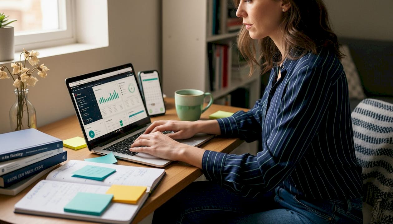 Especialista en gestión de contenidos trabajando desde su escritorio en casa