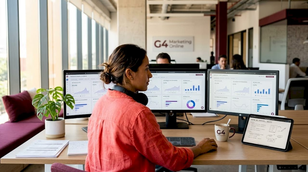 Un especialista analiza las estadísticas de las redes sociales mientras trabaja en un espacio de coworking.