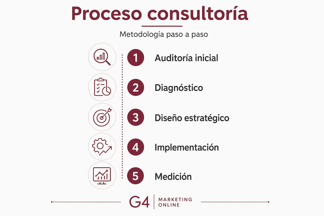 Infografía sobre las etapas clave en una consultoría de marketing digital