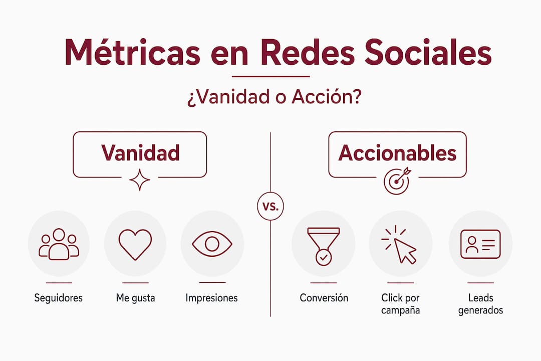 Infografía que compara las principales categorías de métricas en redes sociales