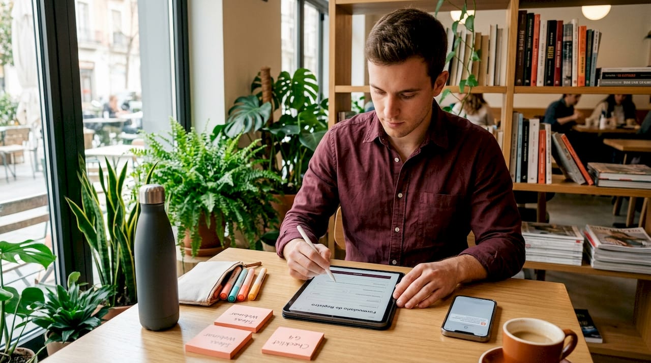 Un profesional rellena un formulario de captación de clientes desde una tablet.