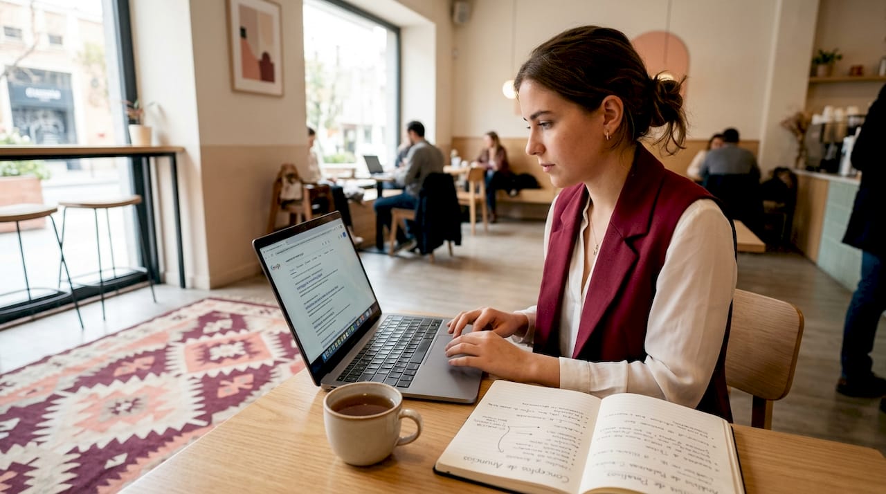 Mujer revisando los resultados de sus campañas de Google Ads en un espacio de coworking