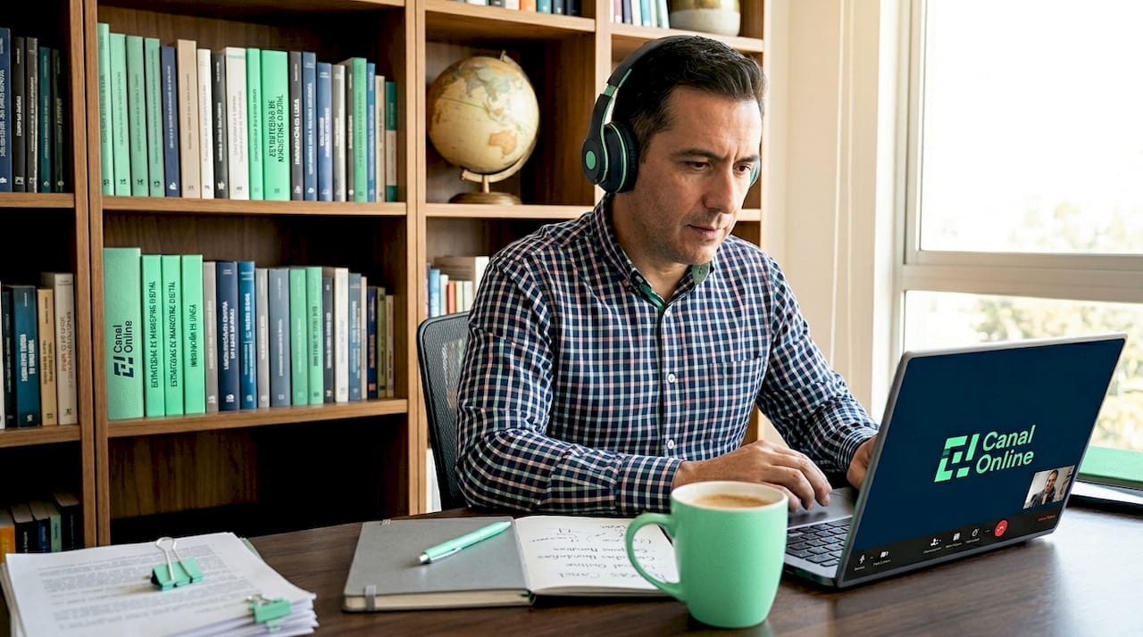 Hombre participando en una reunión virtual con el equipo de ventas local