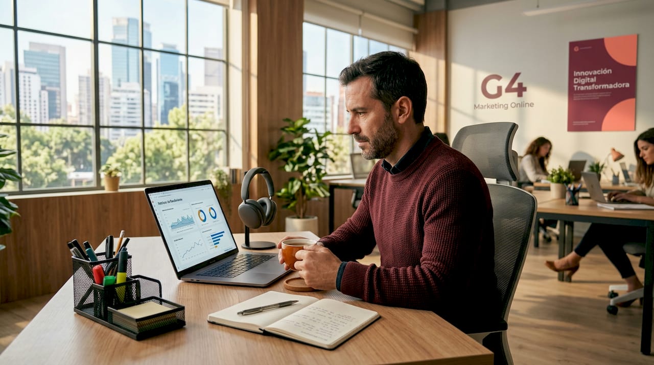 Especialista analizando datos digitales desde su portátil