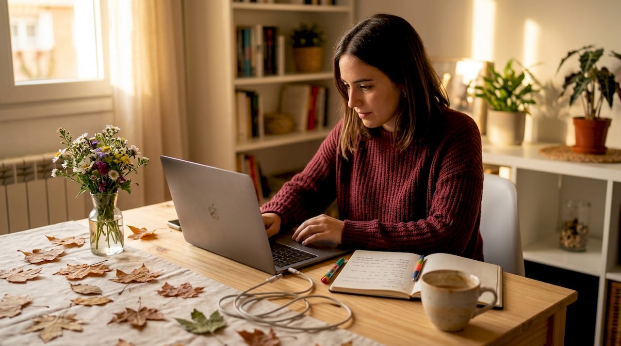 Una mujer trabaja desde su comedor en casa, redactando contenido optimizado para SEO.