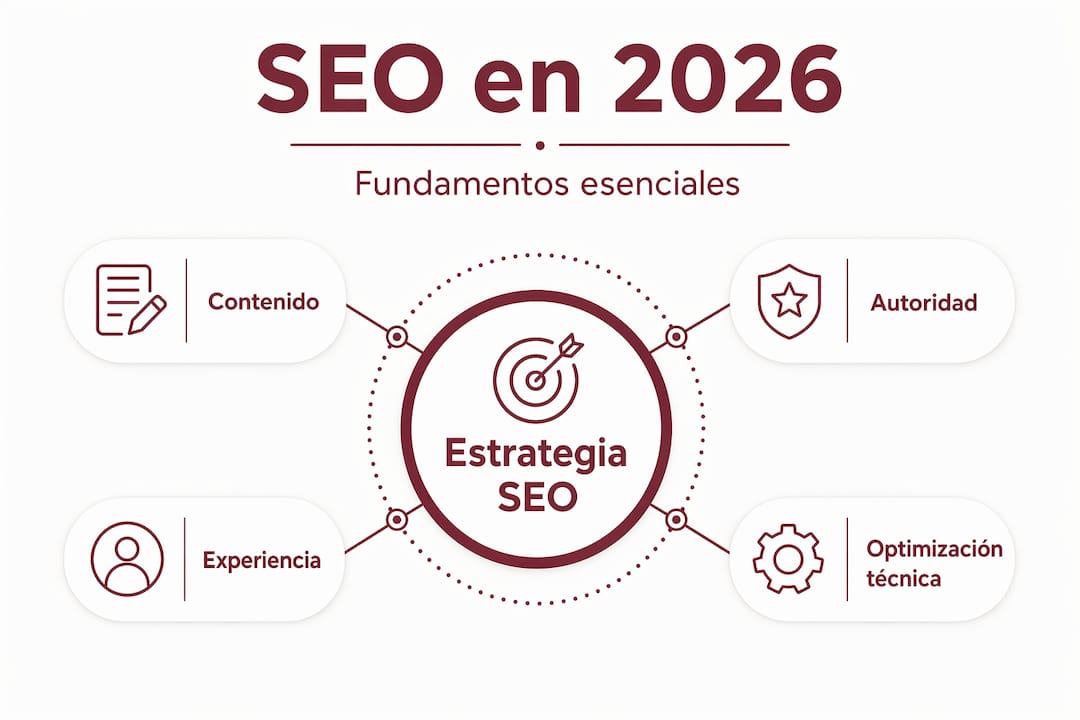 Infografía: claves del SEO para 2026 presentada en un esquema jerárquico
