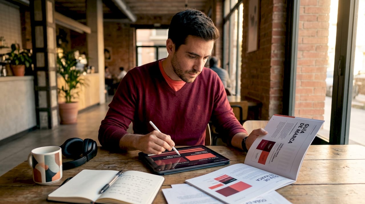 Hombre trabajando en la creación de la identidad de su marca desde la mesa de su casa.