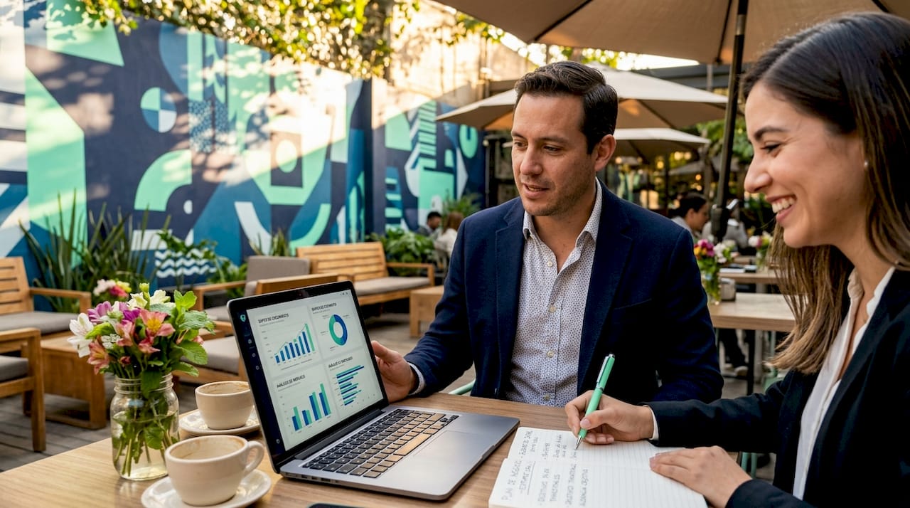 Conversación entre un empresario y su clienta en una cafetería