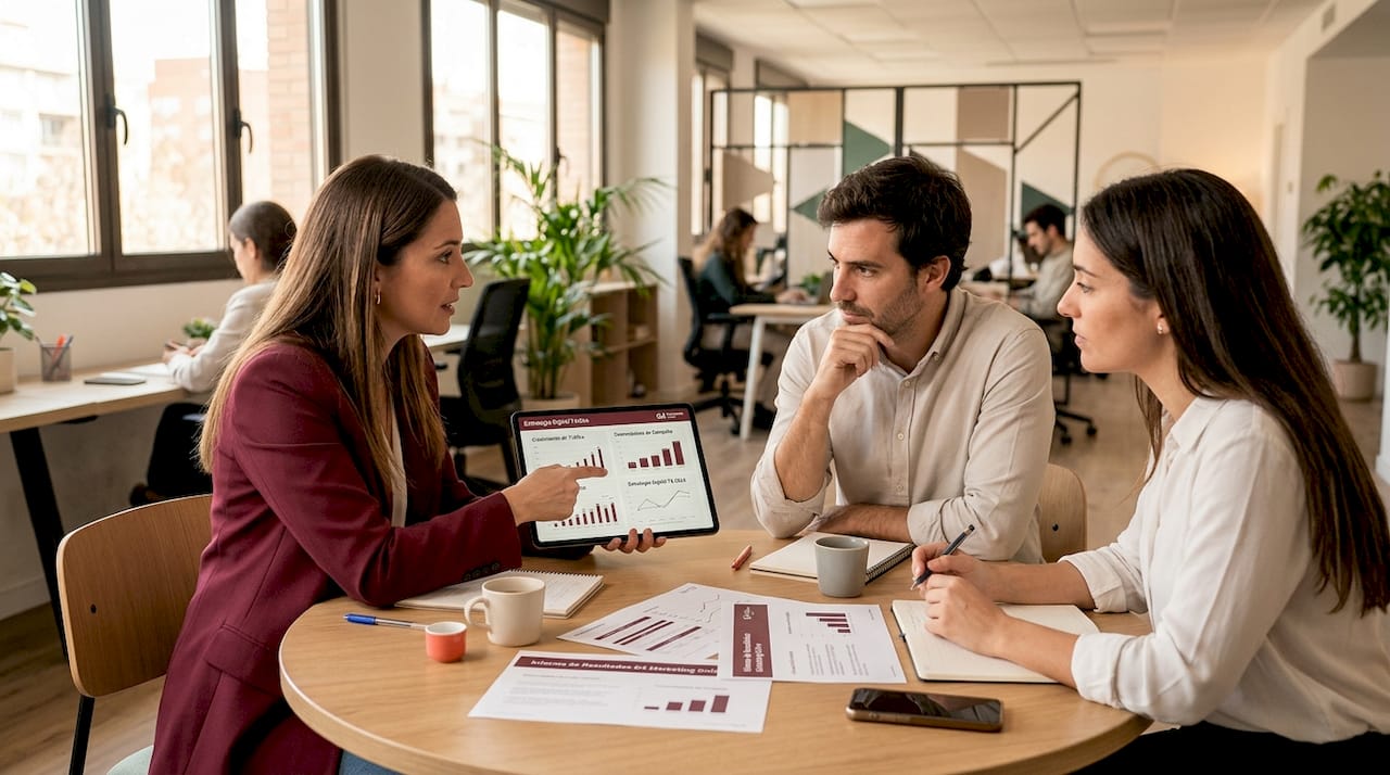 El equipo analiza la estrategia digital durante una reunión.