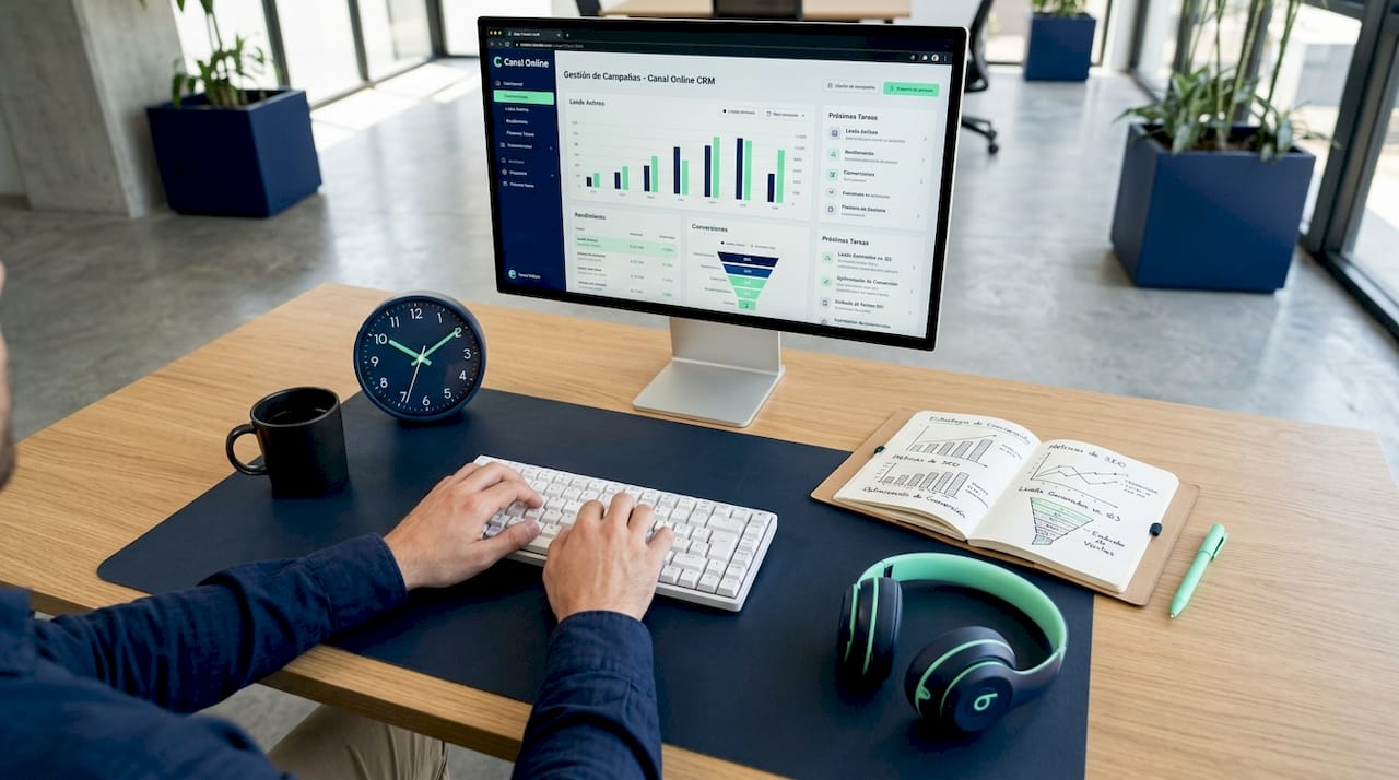 Persona gestionando un sistema CRM desde su ordenador, rodeada de material de oficina.