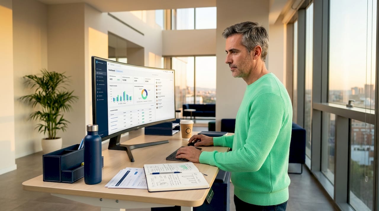 Un trabajador gestionando clientes con un sistema CRM en un espacio de oficina compartido.