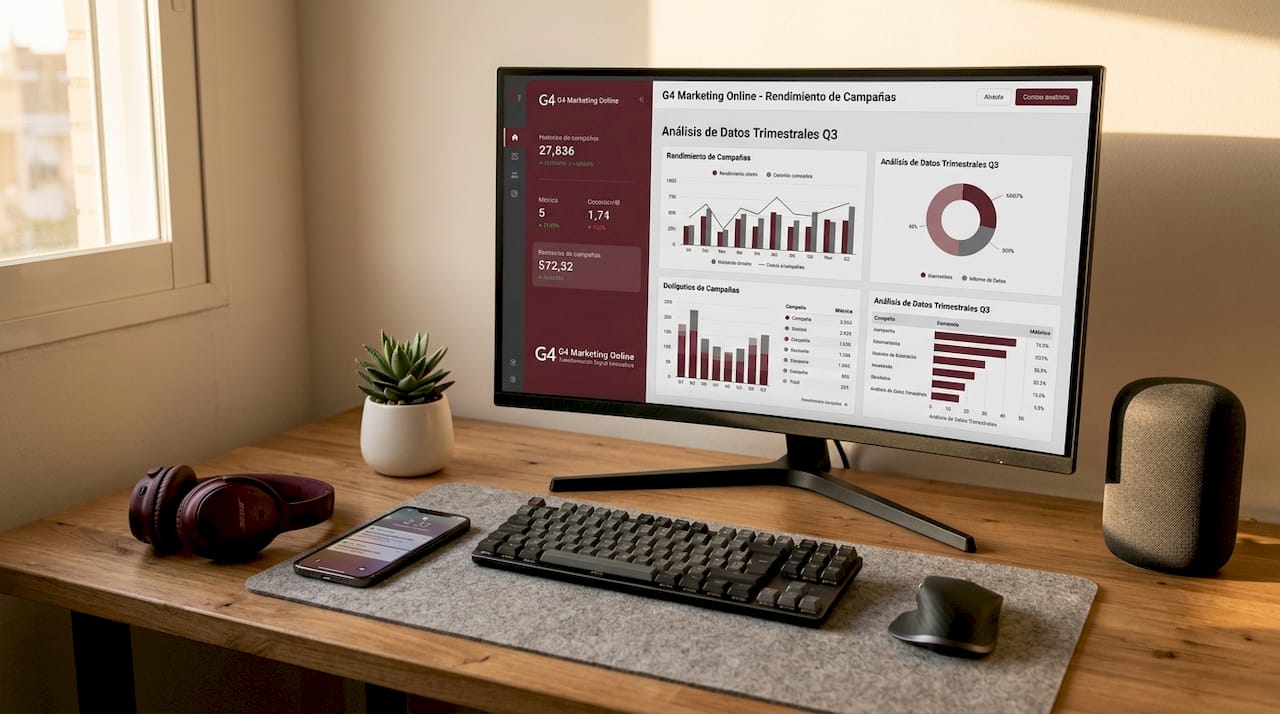 Espacio de trabajo equipado con herramientas de análisis de marketing y accesorios tecnológicos