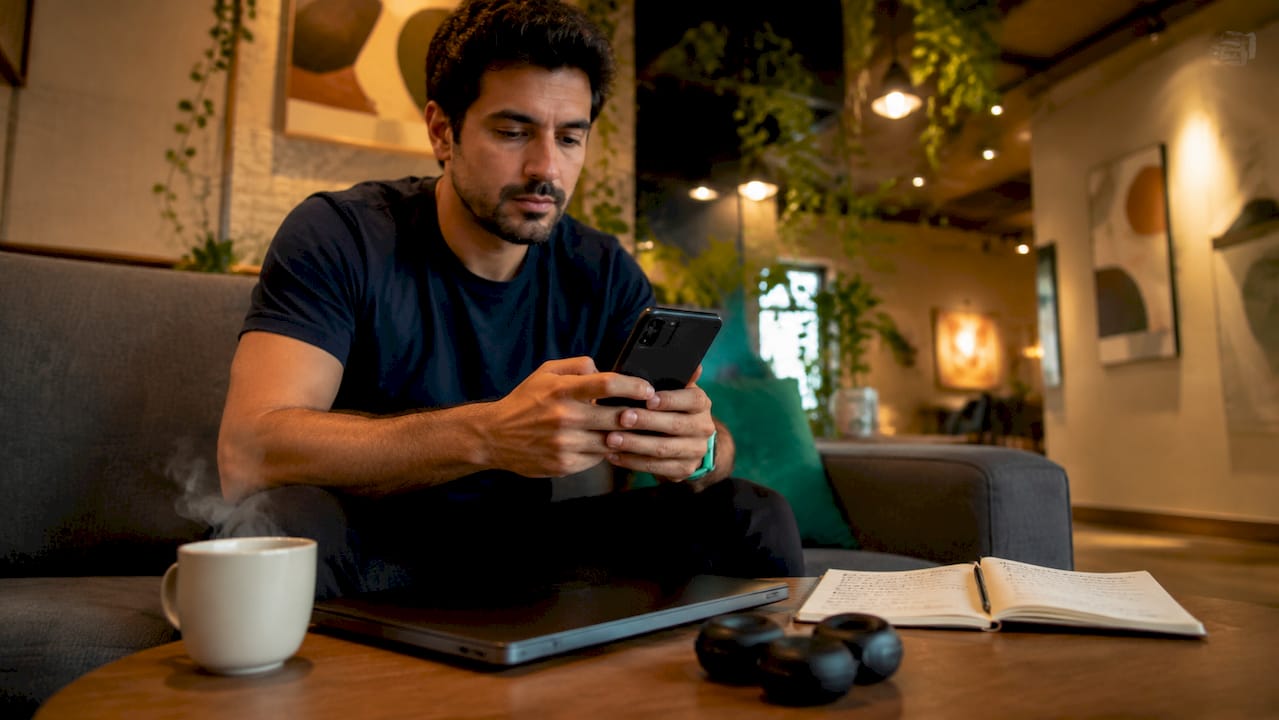 Profesional atendiendo a sus clientes por WhatsApp desde un espacio de coworking