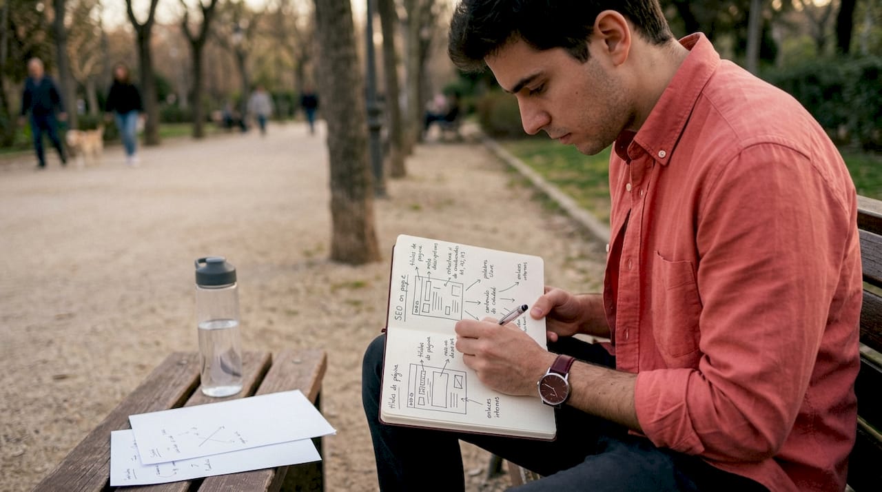 Una persona tomando apuntes sobre SEO on-page en su cuaderno