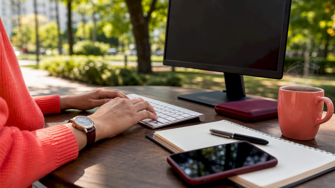 Manos escribiendo palabras clave de SEO sobre el escritorio