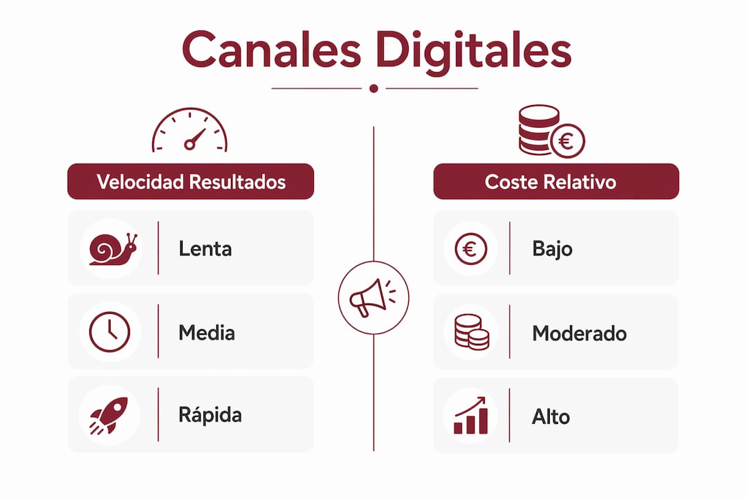 Infografía que muestra una comparativa entre la rapidez y el coste de los principales canales digitales