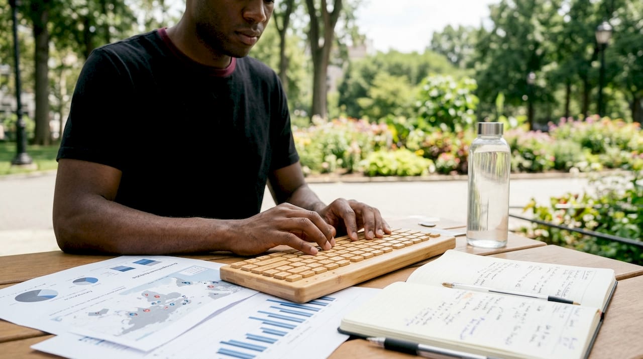 Unas manos toman notas en una cafetería, rodeadas de mapas y gráficos sobre la mesa.