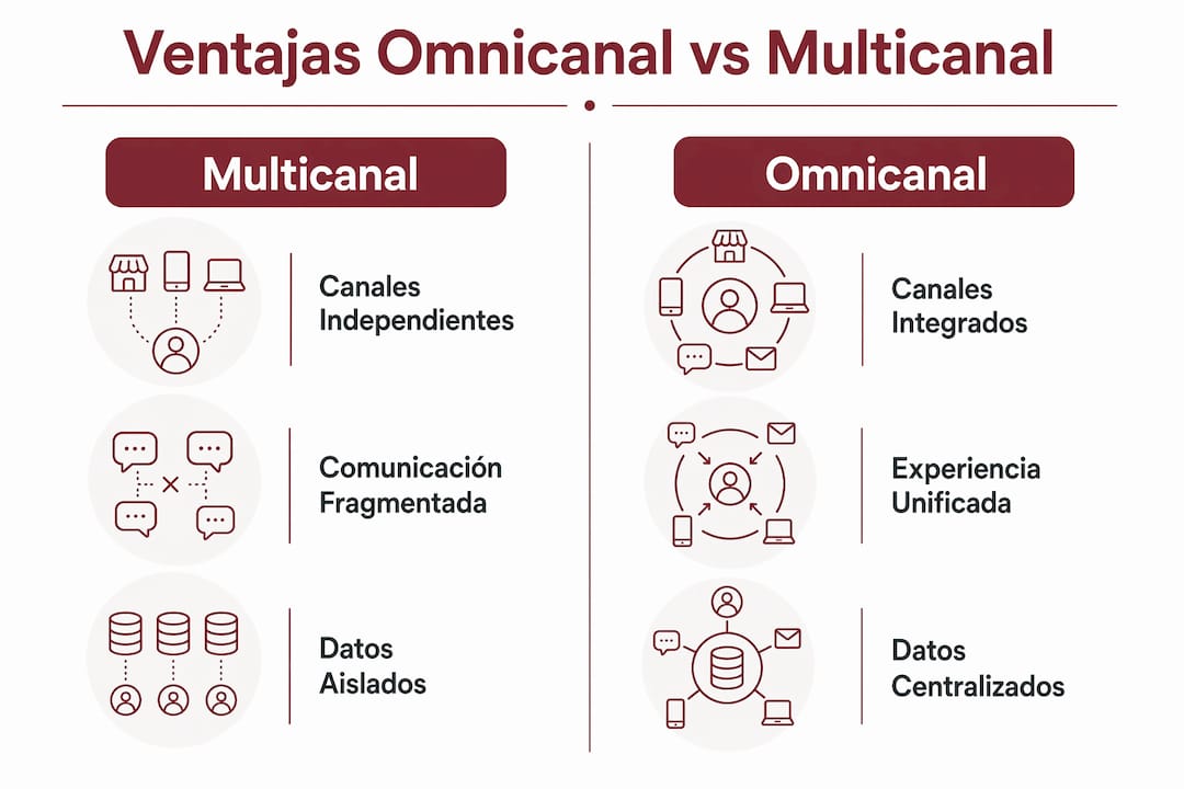 Infografía que muestra las diferencias y beneficios entre el marketing omnicanal y el multicanal