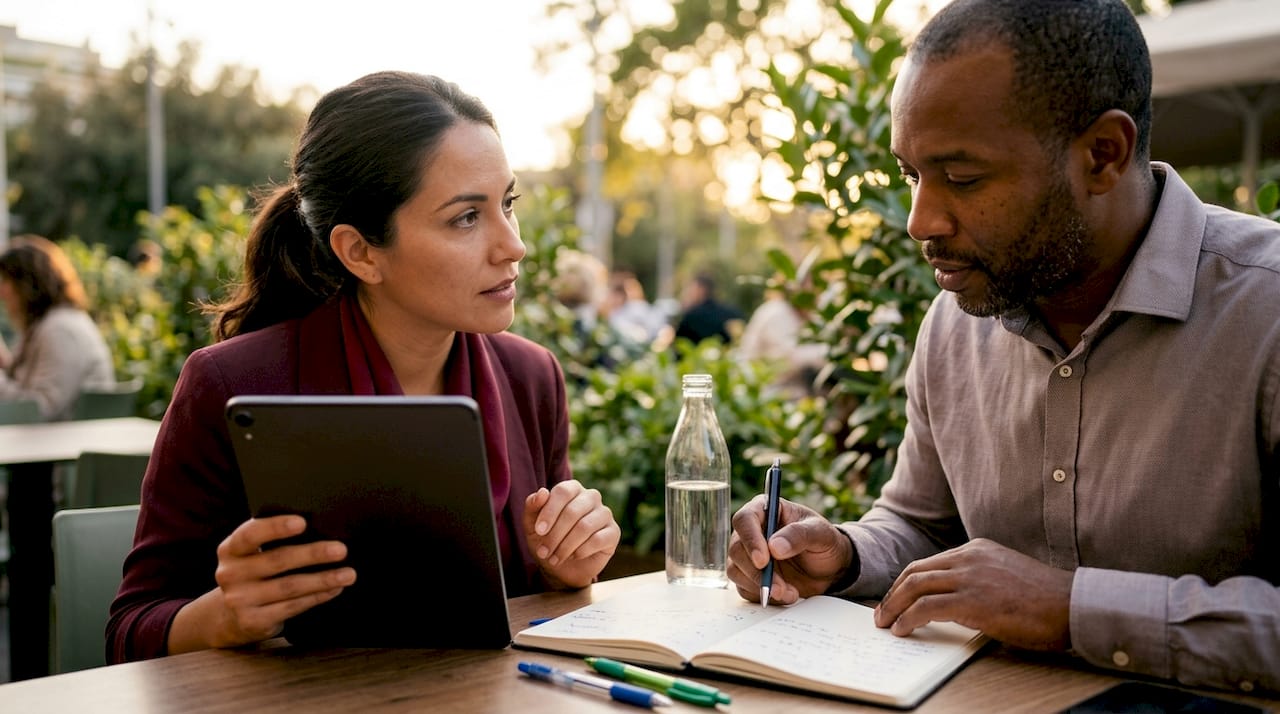 Una pareja analiza sus estrategias digitales mientras trabaja en una cafetería de coworking.