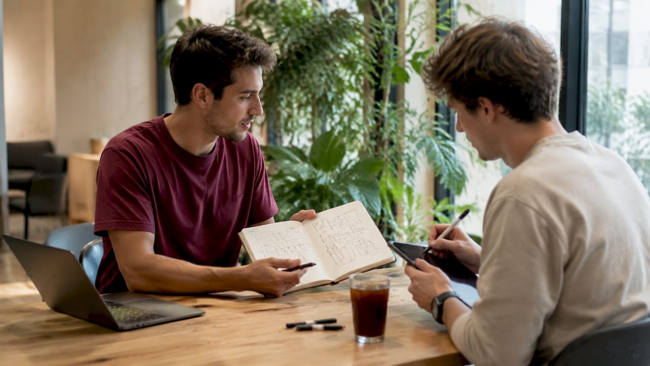 Dos expertos en SEO conversando sobre estrategias digitales mientras disfrutan un café en un local moderno.
