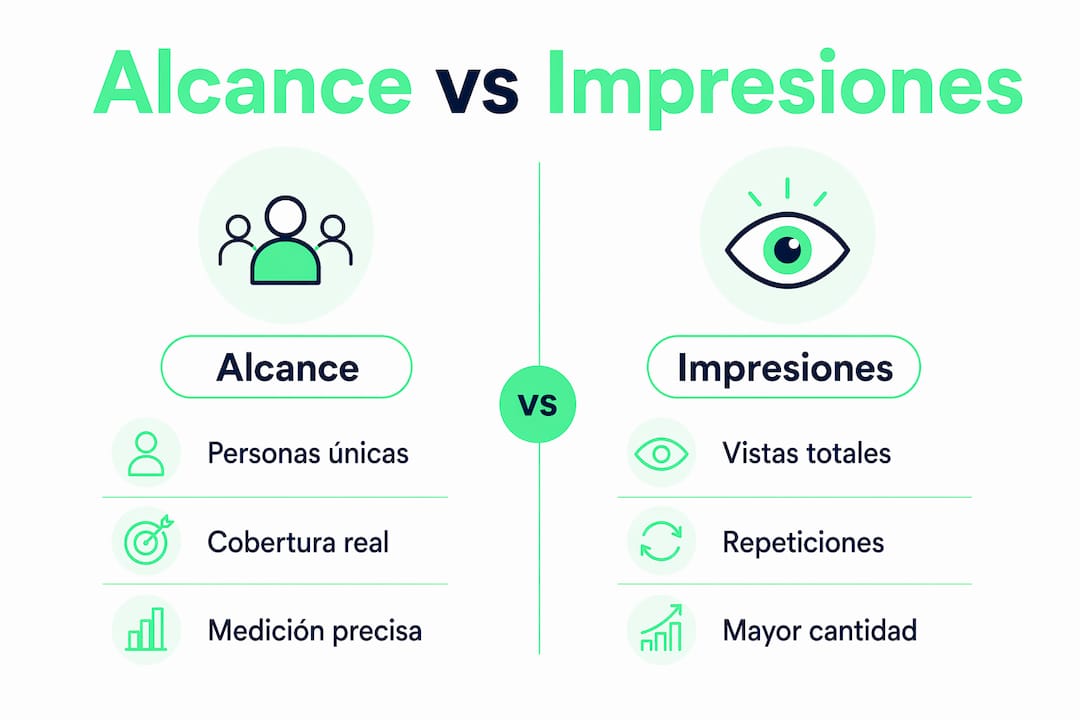 Infografía que muestra las diferencias entre alcance e impresiones en estrategias de marketing digital