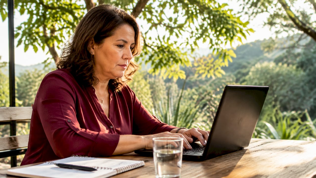 Una mujer introduce sus datos en un formulario digital desde su ordenador.
