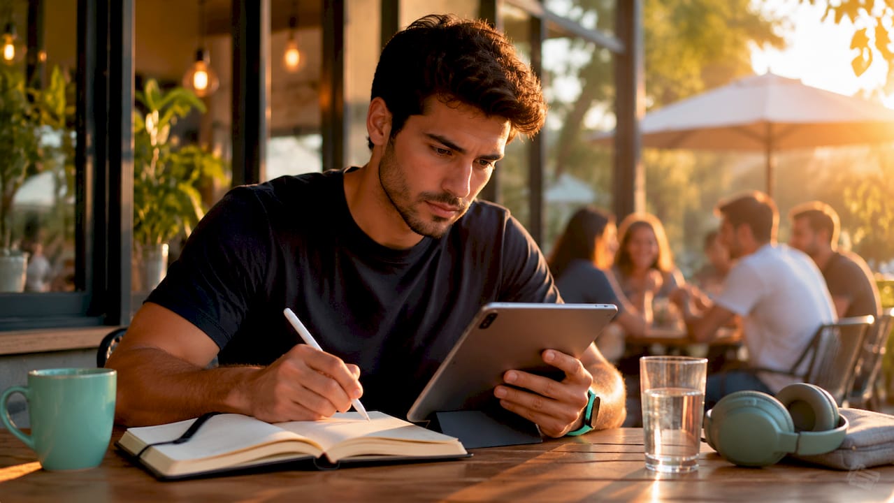 Un hombre revisa y organiza sus contactos por categorías mientras disfruta de un café en una cafetería.