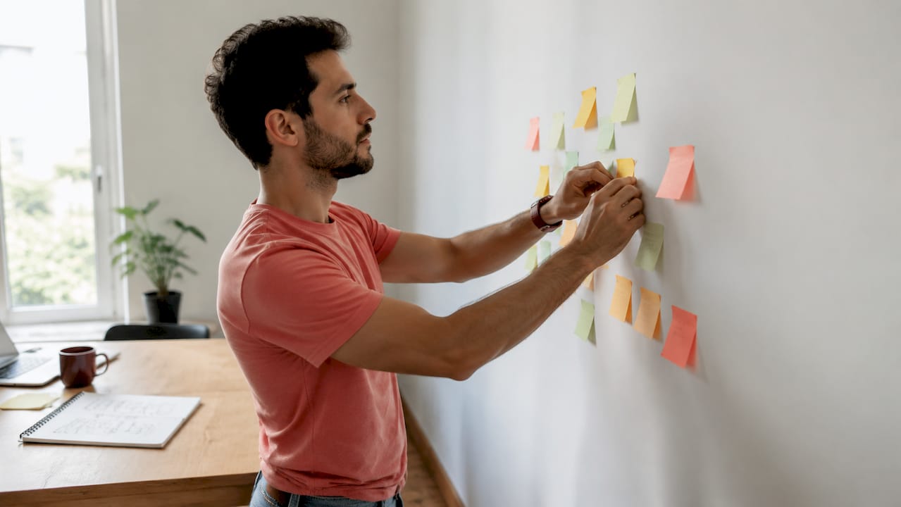 Personas pegando notas adhesivas en la pared de una oficina