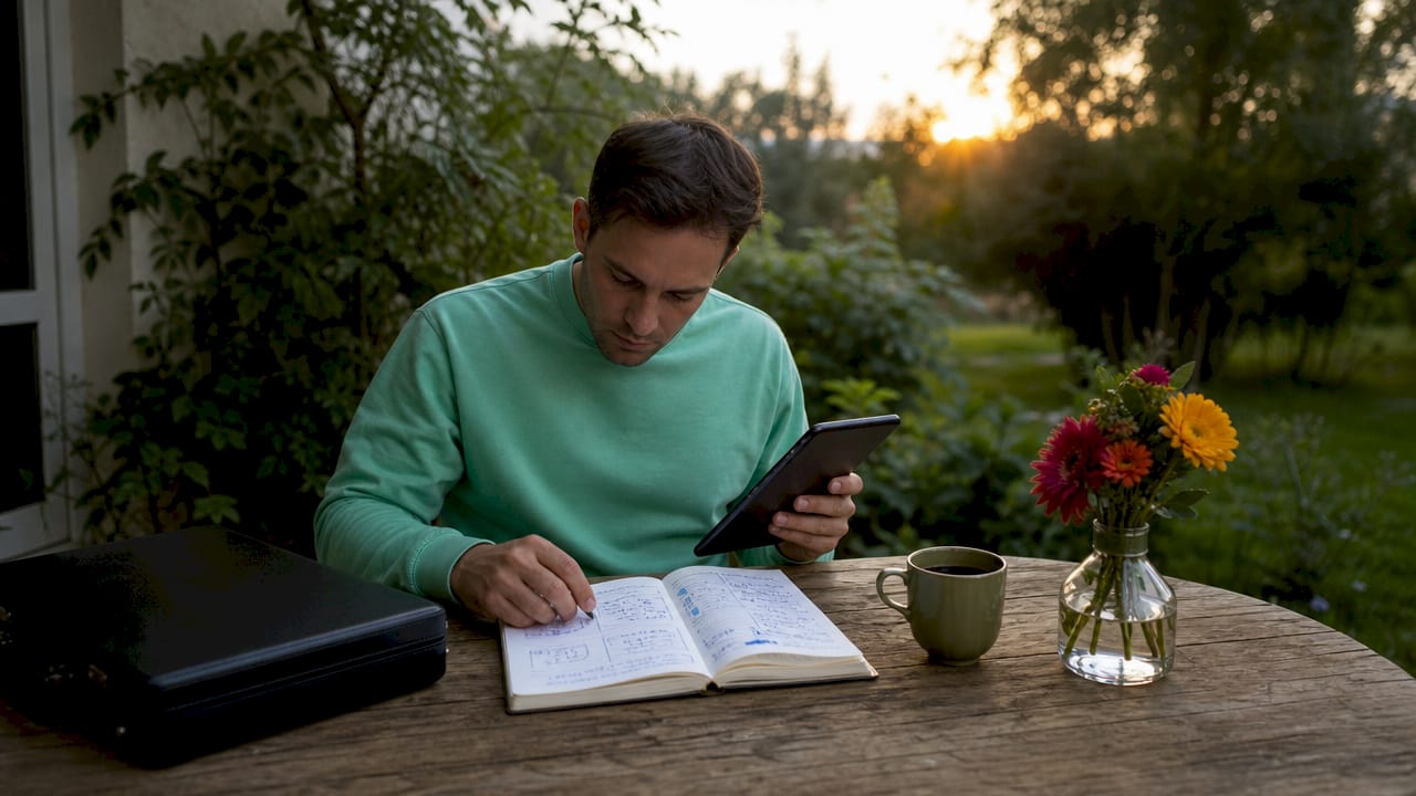 Manos analizando estadísticas de marketing digital al aire libre en una terraza