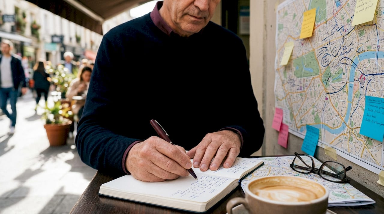 Durante una reunión de marketing, se ven unas manos tomando apuntes en una libreta al lado de un mapa.