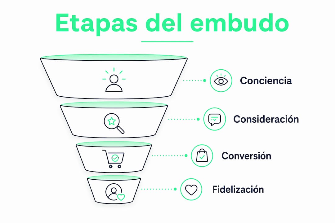 Infografía que muestra las diferentes fases del embudo de marketing
