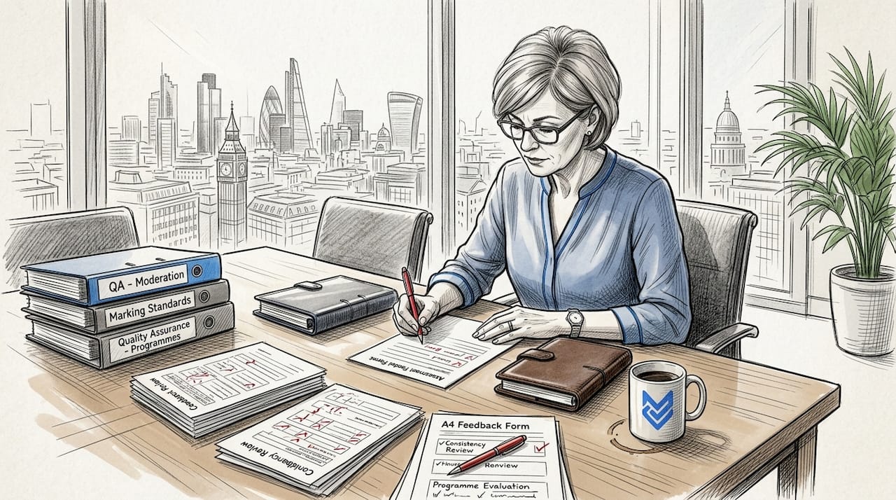 Assessment coordinator reviews feedback at office desk