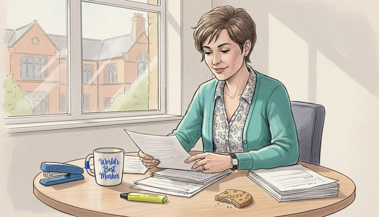 Assessor reviewing essays in school office