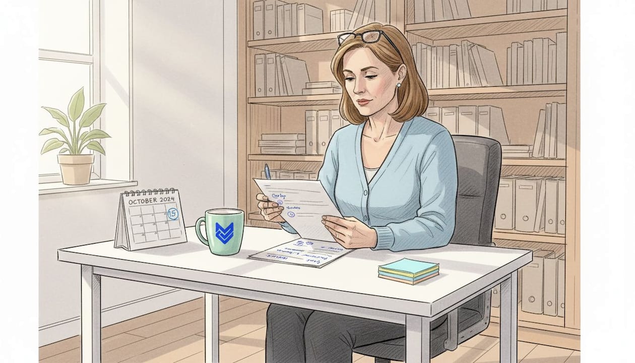Educator reviewing annotated student work at desk