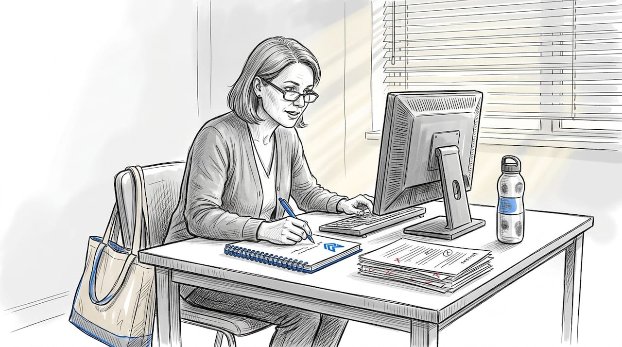 CIPD educator marking assessments at office desk