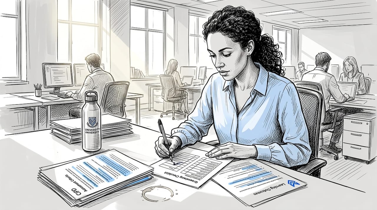 Assessor checking CIPD grading rubric workflow