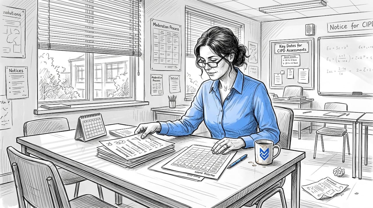 Teacher reviewing assessment papers at classroom table
