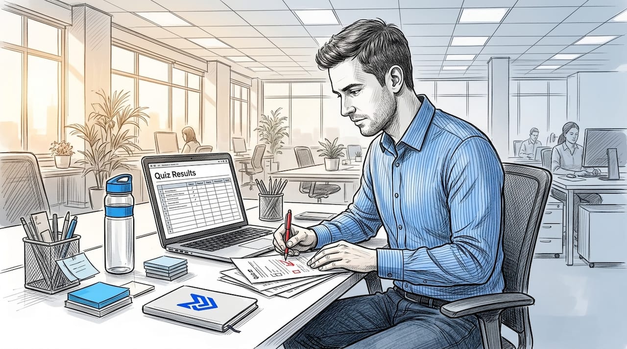 Trainer marks formative assessment quizzes at desk