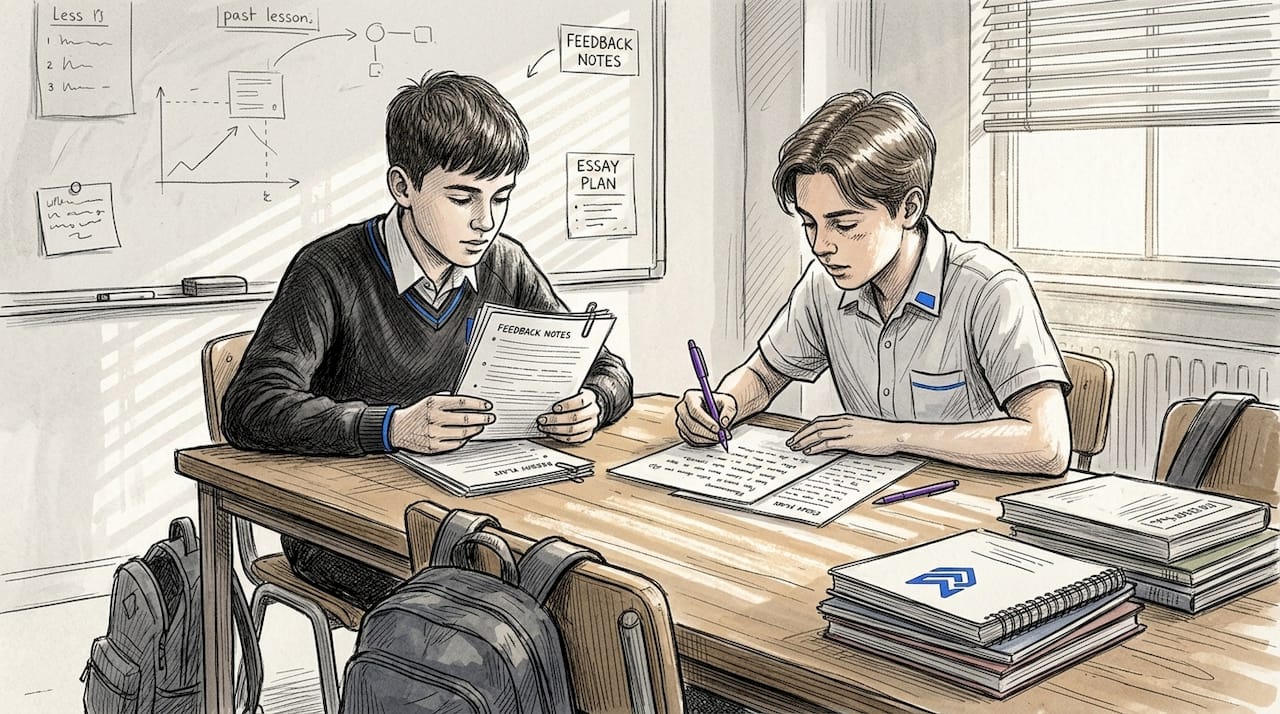 Students reviewing essay feedback together in classroom