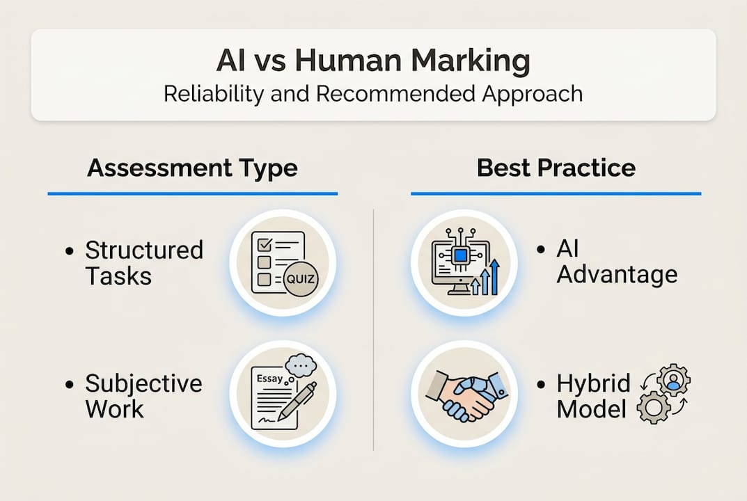 Infographic showing AI vs human reliability in marking
