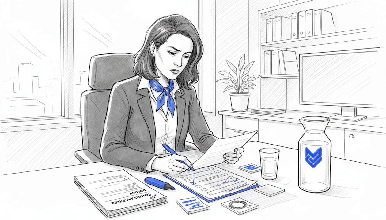 Manager reviews checklist in corner office