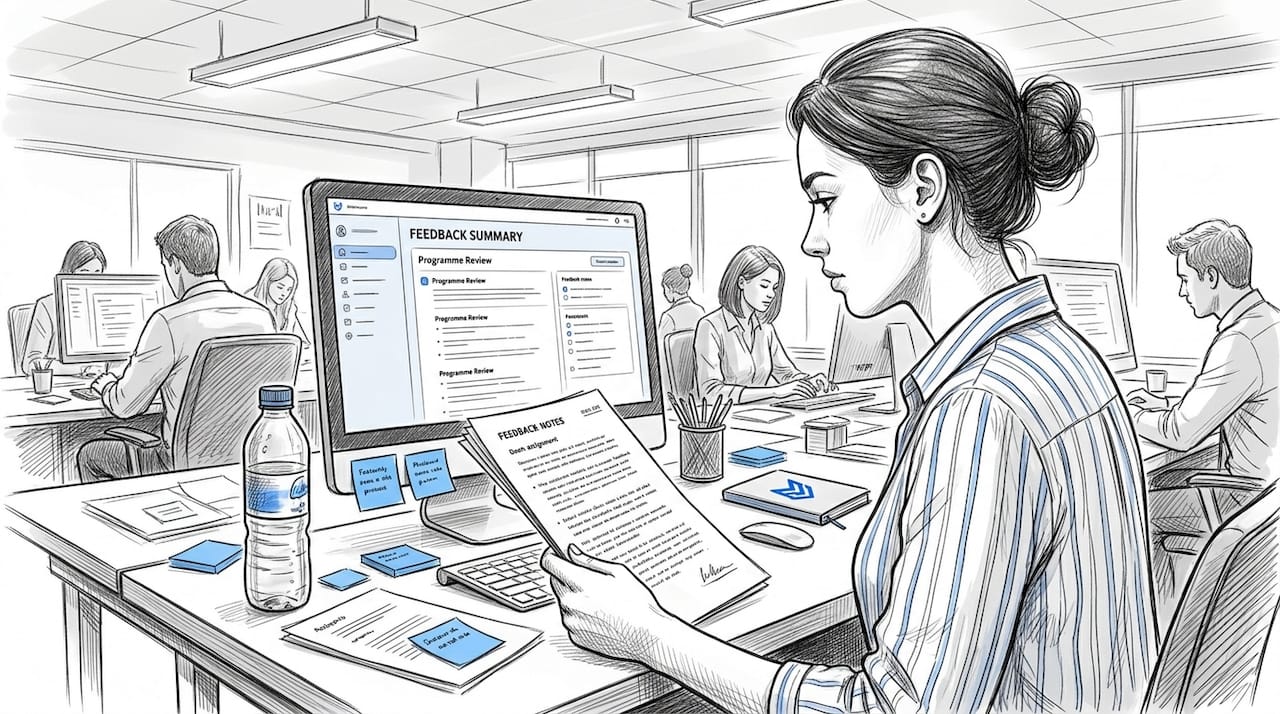 CIPD candidate reading feedback at workspace